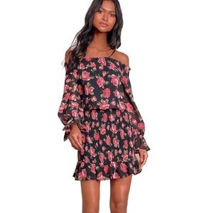 Lulus Black Floral Print Off-the-Shoulder Dress